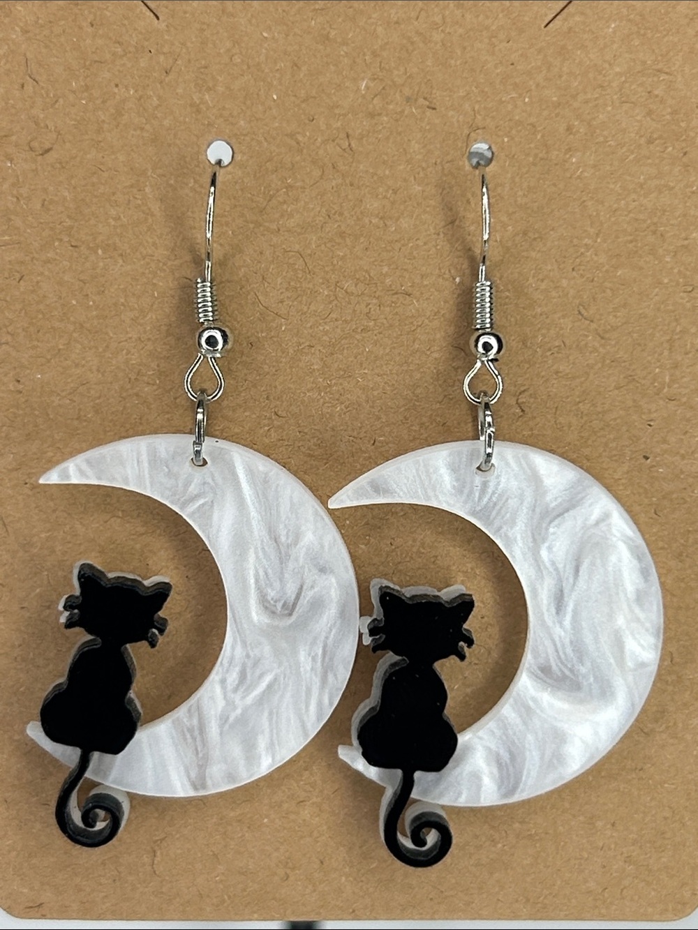 White Marbled Crescent Moon Earrings with Black Cat Silhouette Fashion Jewelry
